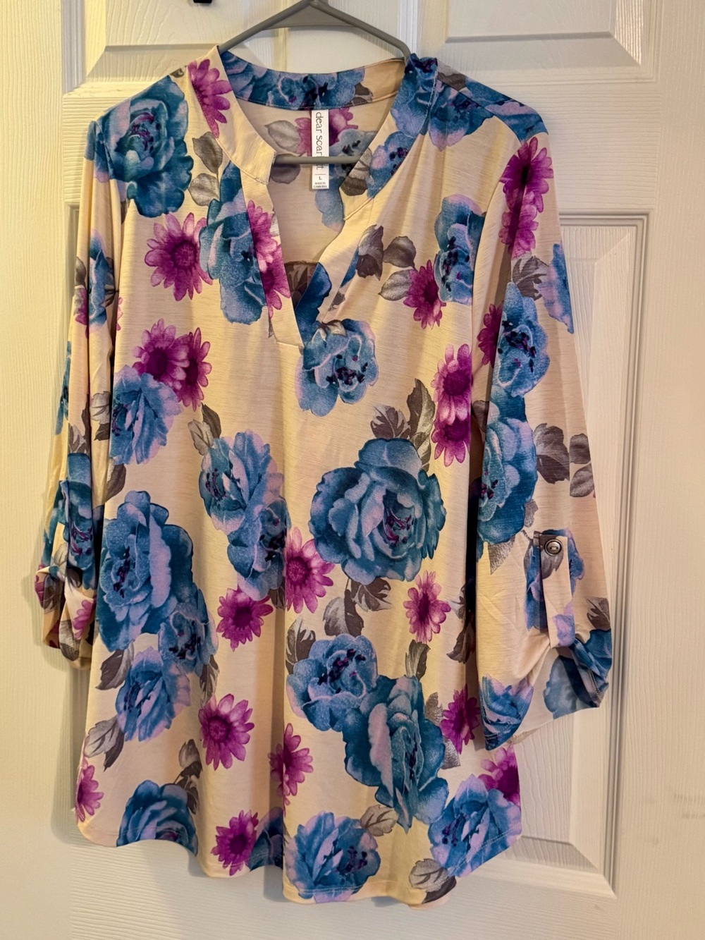 Dear Scarlett Floral Top in Cream with Blue & Purple Blooms